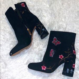 Black embroidered high heeled booties
